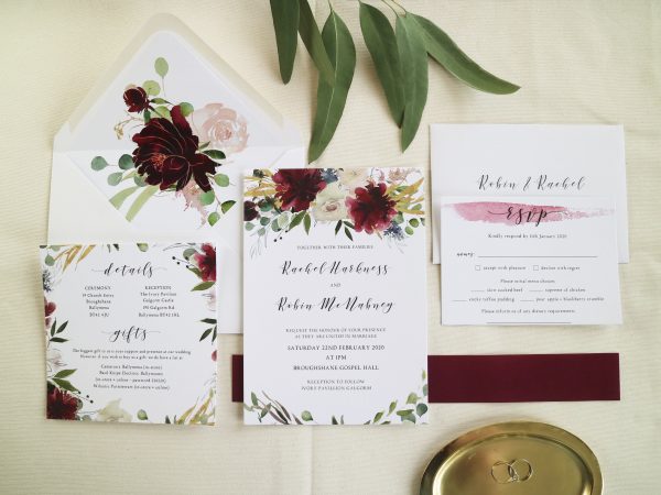 Wedding invitations burgundy and gold foliage