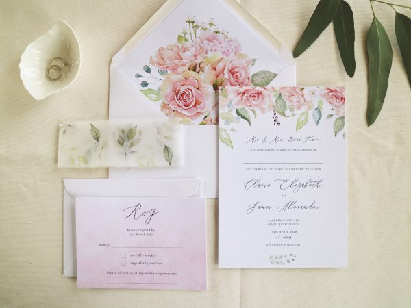 Pink roses wedding invitation set with lined envelope and vellum